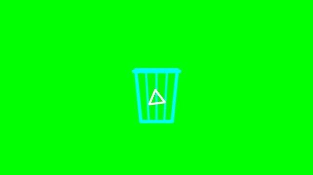 A glowing neon trash can icon with a recycling symbol on a vibrant green screen background.