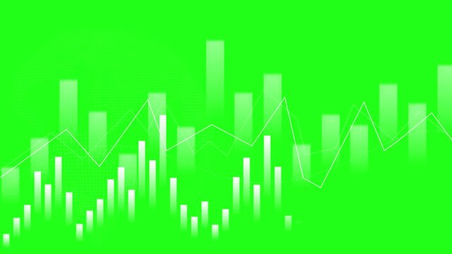 Monochrome financial chart with globe silhouette animation, Financial chart with bar and line graphs dotted globe silhouette animated