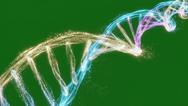 Abstract Glowing Helix on Green Screen Background - A vibrant, multicolored light helix resembling a DNA strand rotates and twists upwards against a solid green background.