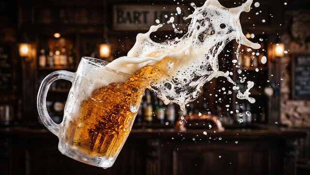 Dynamic splash of golden beer with thick foam bursting from a glass mug in a pub