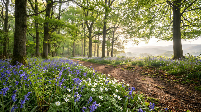 Serene Forest Path Covered with Blooming Bluebell Flowers