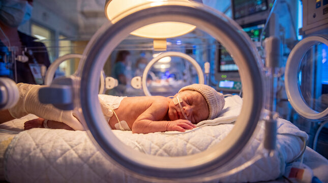 Newborn baby in neonatal incubator with monitoring equipment in hospital care unit.Concept of healthcare, neonatal support, and hospital treatment.