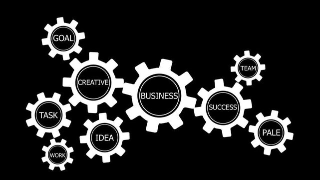 Monochrome business concept graphic , Interconnected business gears concept over world map animation on black background