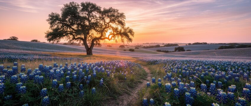 Beautiful Sunset Over Vibrant Field of Bluebonnets with Majestic Tree in the Background Surrounded by Rolling Hills and Colorful Sky