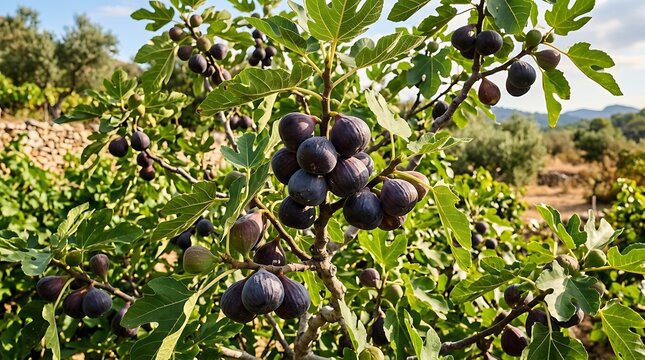 Ripe purple figs hanging from a tree branch in a sunny orchard
