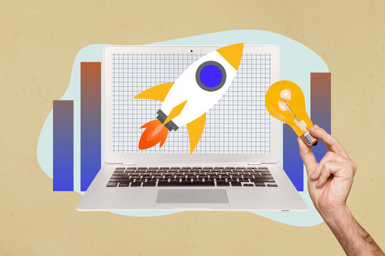 Trend image full photo collage of hand push keypad laptop freelancer programming rocket launch chart development establish project