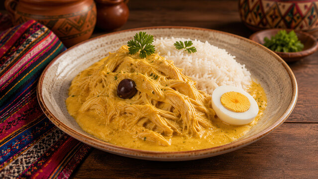 Aji de gallina tradizionale del per&ugrave; con pollo, riso e uovo. Generative AI 