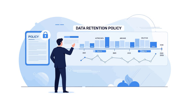 Data Retention Policy. Businessman Analyzing Statistics and Graphs.