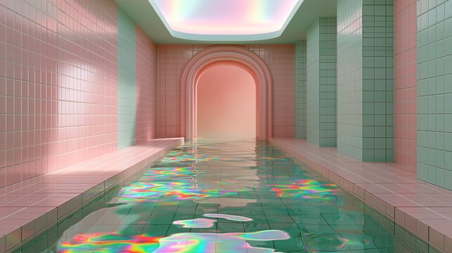 Minimal pastel pool corridor with rainbow light
