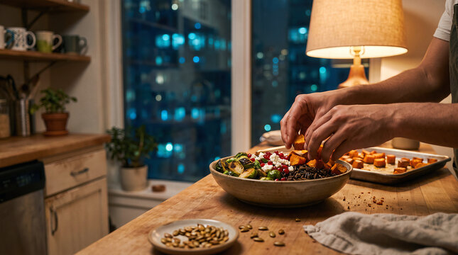 Adding Final Touches to a Healthy Bowl at Night with City View