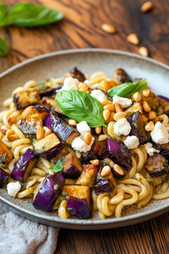 A vibrant plate of gemelli pasta mixed with roasted eggplant cubes, creamy crumbled feta, and a fresh basil pesto sauce.
