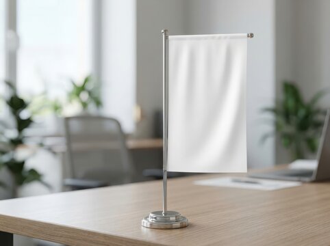 Blank white desk flag on a metal pole standing on a modern office table for branding and corporate identity design mockup