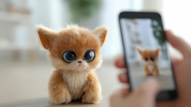 A fluffy stuffed animal with oversized eyes is being photographed by a person using a mobile phone. The playful and heartwarming moment captures the essence of modern trends and digital sharing