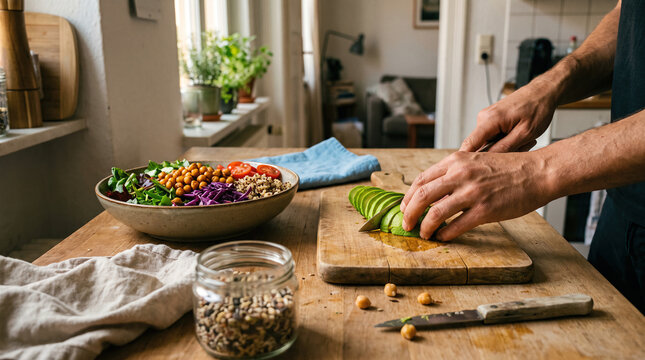 Man's Hands Slicing Avocado Beside a Colorful Healthy Buddha Bowl