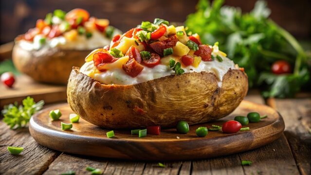 A photo of a loaded baked potato with toppings
