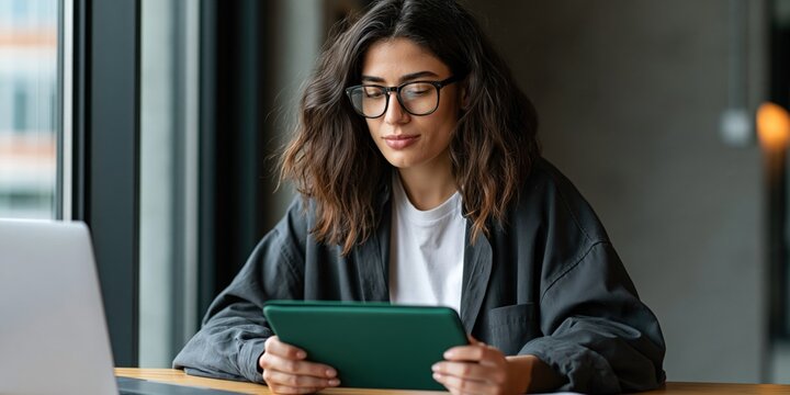 Young woman holding tablet by a window in a contemporary office for remote study background and productivity poster