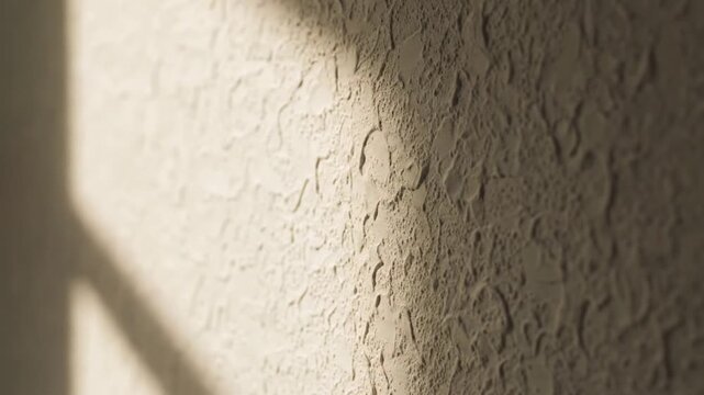 A bright beam of light hits a textured interior wall surface