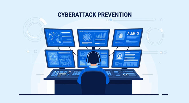 Cybersecurity monitoring, analyst watching screens, cyberattack prevention system