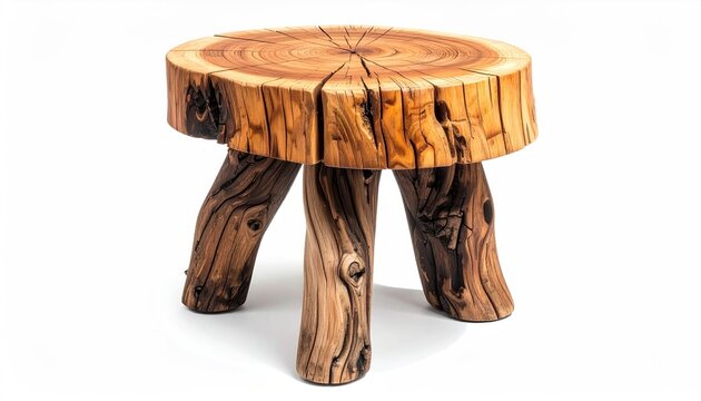 Rustic three-legged stool crafted from natural wood with visible grain and cracks