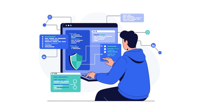 Cybersecurity concept: programmer protecting data on computer network