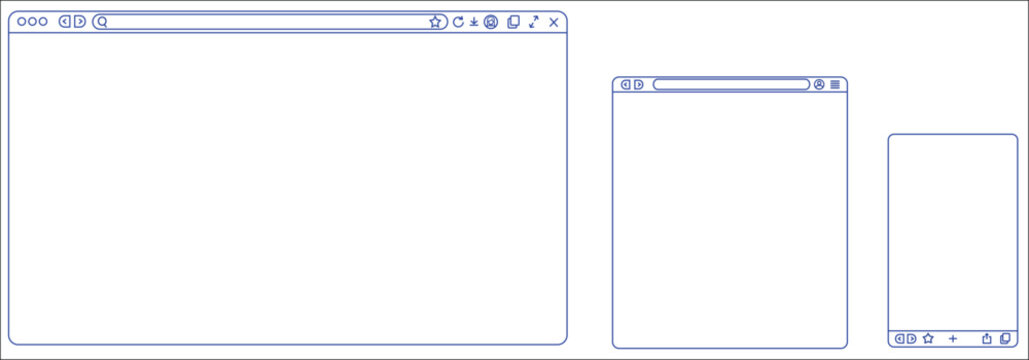 Desktop Browser Window and Mobile Browser Frame Vector Mockup, Editable Web UI Interface Template, Outline Browser Window, Editable Stroke Illustration