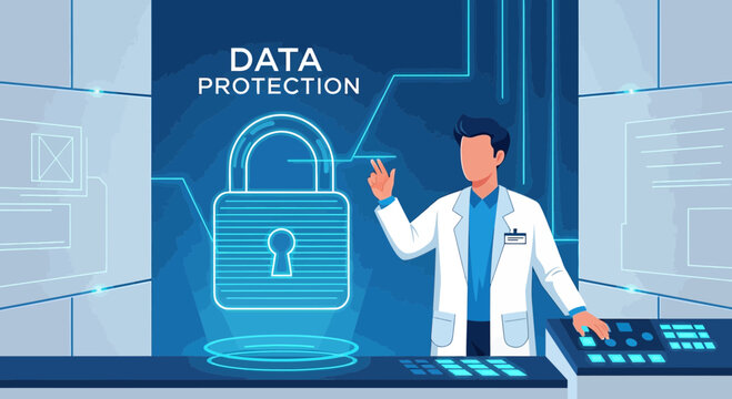 Cybersecurity Concept: Scientist Demonstrates Digital Data Protection with Holographic Lock