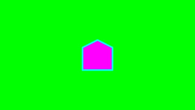 A simple pink house icon with a blue outline on a bright green background.