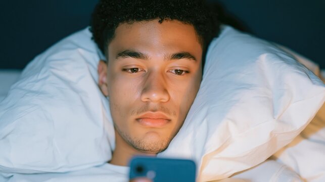 Light Brown zoomer uses their gadget - smartphone - late at night. Gen Z addicted to social media	