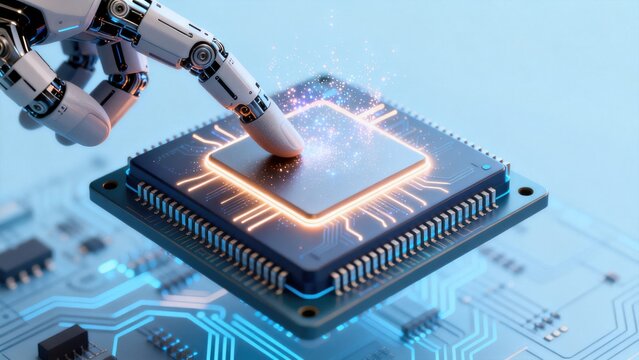 Humanoid robot finger activating intelligent processor, idea for AI hardware presentation, semiconductor website banner and digital automation concept