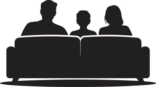 Silhouette of a family sitting on a sofa, back view, father, mother and child