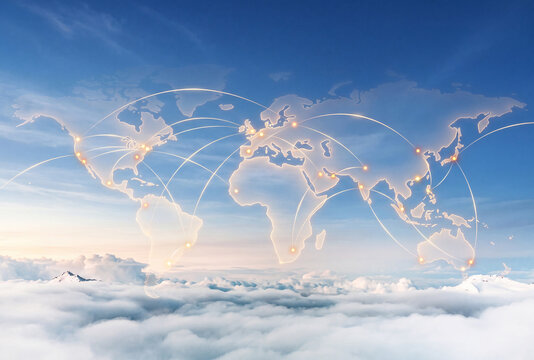 Luxury global travel background featuring a glowing world map, international flight routes above clouds and blue sky. Ideal for aviation, tourism, logistics and global business.