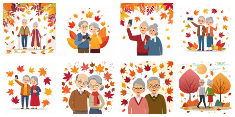 Fototapeta premium 秋の紅葉散歩や旅行を楽しむシニア夫婦のベクターアイコンセット 