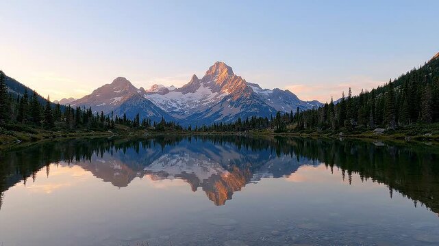 Sunrise Alpenglow Reflecting on a Calm Mountain Lake
