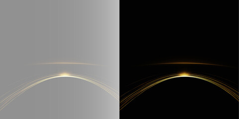 Glowing golden horizon arc,  golden orbit light pattern on transparent and black background, futuristic light flare overlay © Aura Canvas