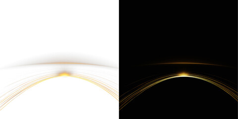 Glowing golden horizon arc,  golden orbit light pattern on white and black background, futuristic light flare overlay © Aura Canvas