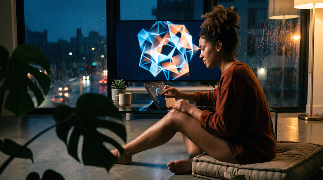 Woman Viewing 3D Holographic Shape on Screen While Using Tablet at Home