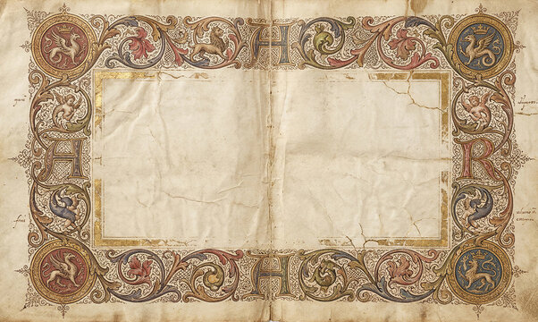 Ancient gothic parchment border with heraldic symbols and monograms.