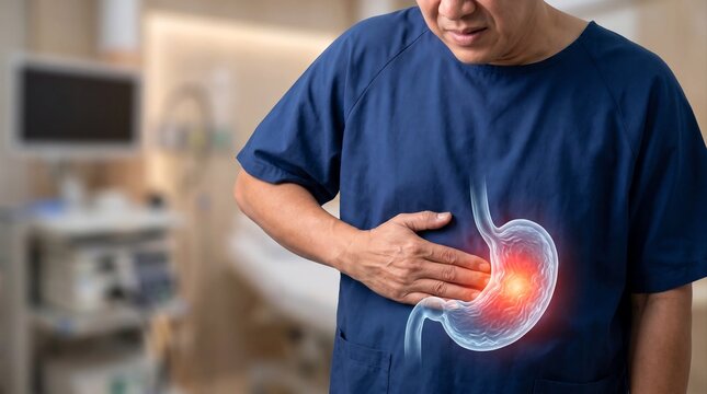 Man Suffering From Stomach Pain With Inflamed Stomach Anatomy Overlay in Medical Clinic on a Blurred Background
