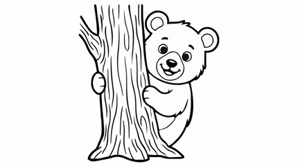 Black and White Coloring Page of a Friendly Bear Cub Peeking from Behind a Tree Trunk, Outline Vector Illustration for Children's Activities © Alfa