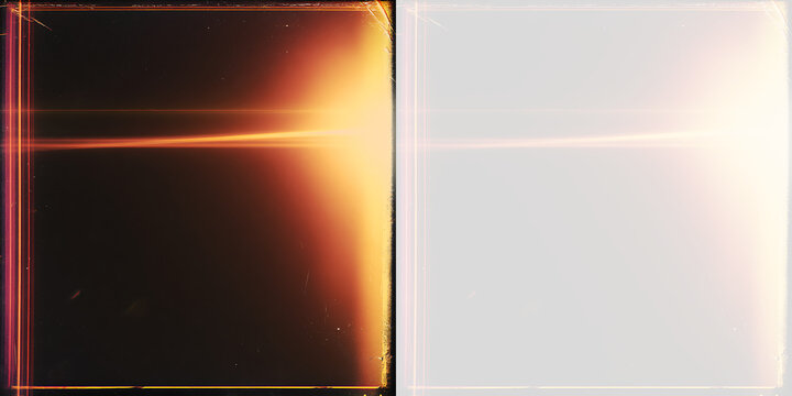 Retro film burn and light leak overlay with horizontal streak. Orange glow with scratches on dark and transparent backgrounds