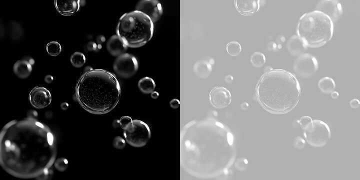 3D transparent floating water bubbles with blurred background. Realistic clear soap spheres on black and transparent backdrop