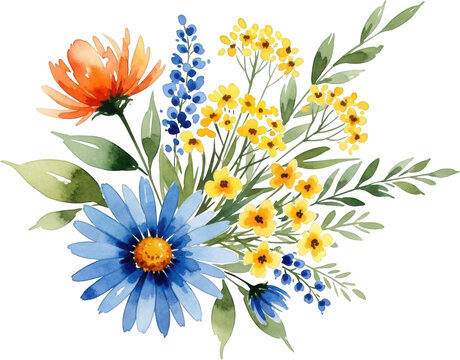 Delicate watercolor floral arrangement featuring vibrant blue daisies orange mums small yellow blossoms and green foliage 157 characters bouquet flowers leaves nature spring