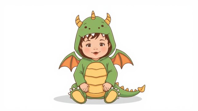 Cute toddler wearing green dragon costume sitting on white isolated background