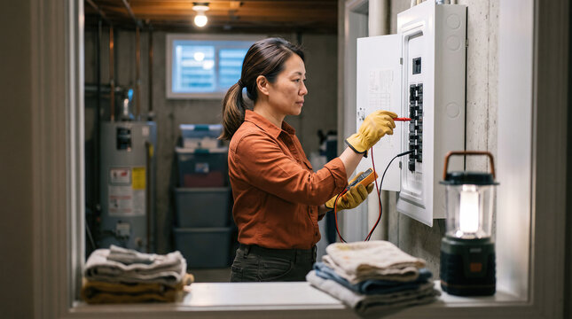 Woman Electrician Testing Basement Electrical Panel with Multimeter