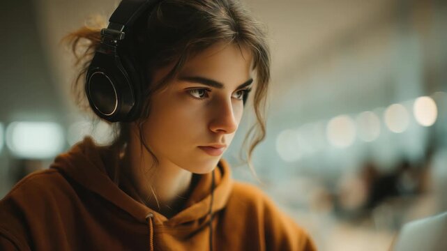 Determined female student listens to audio while working on her laptop in contemporary library setting. She wears large headphones, brown hoodie, highlighting modern approach to education