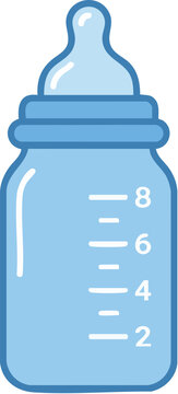 A clean flat design illustration of a baby bottle with numbered measurement lines and a transparent nipple attachment.