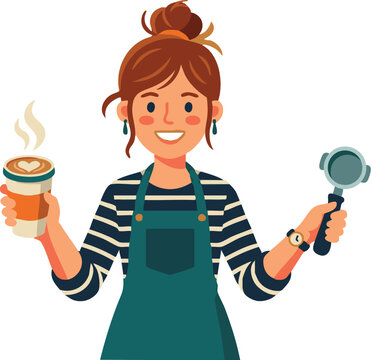 A smiling caf&eacute; worker in a striped apron holding a coffee cup and a magnifying glass with a growth chart inside.