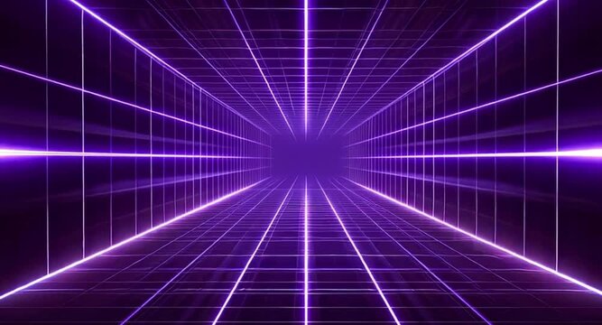 Futuristic purple neon grid creating a seamless looping tunnel with forward camera motion. Abstract science fiction background representing cyberspace, data transfer, or virtual reality travel