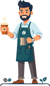 A cheerful barista in an apron holding a coffee cup and a thermometer, representing coffee quality control.