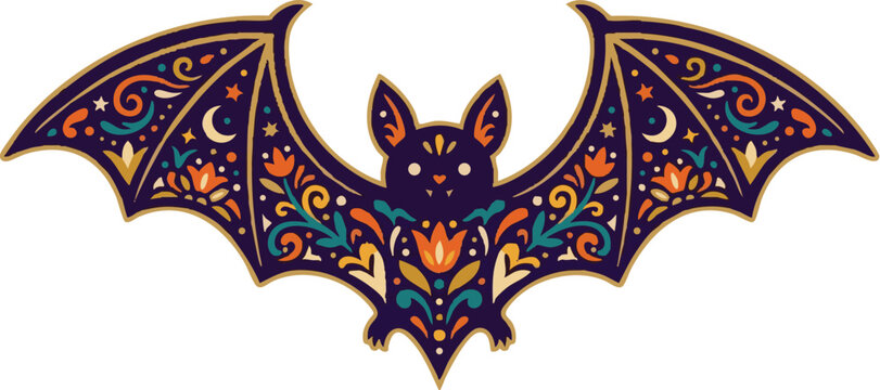 Colorful bat silhouette with intricate geometric and floral patterns serves as a striking decorative symbol.